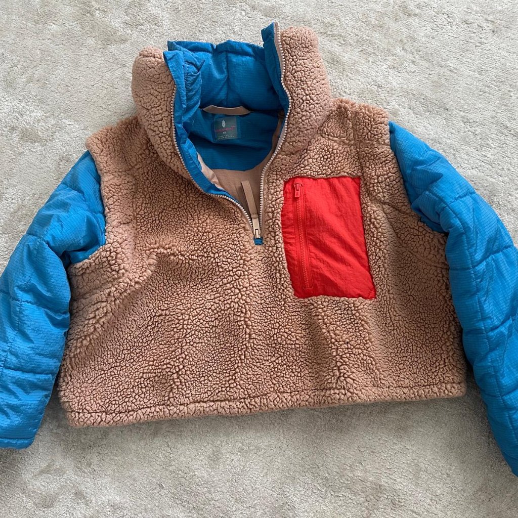 Free People Tan And Blue Sherpa Jacket With Red Accent
